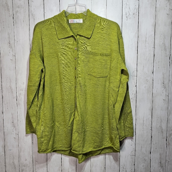 Free People Beach Green Oversized Button Up Cotton Linen Sweater Size Medium.